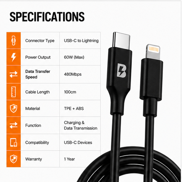 BOED USB-C to Lightning Cable 100cm