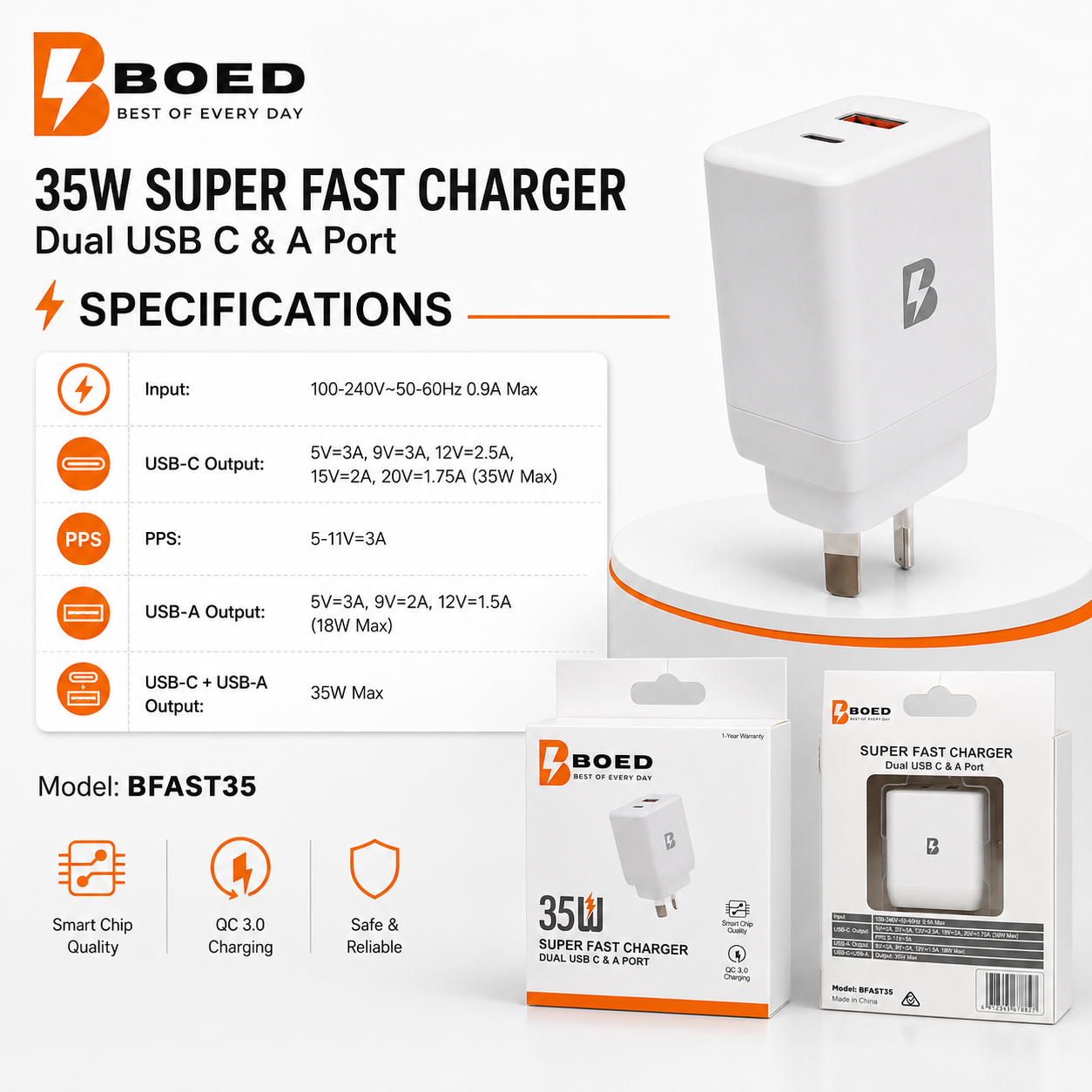 BOED 35W Super Fast Charger USB-C & USB-A