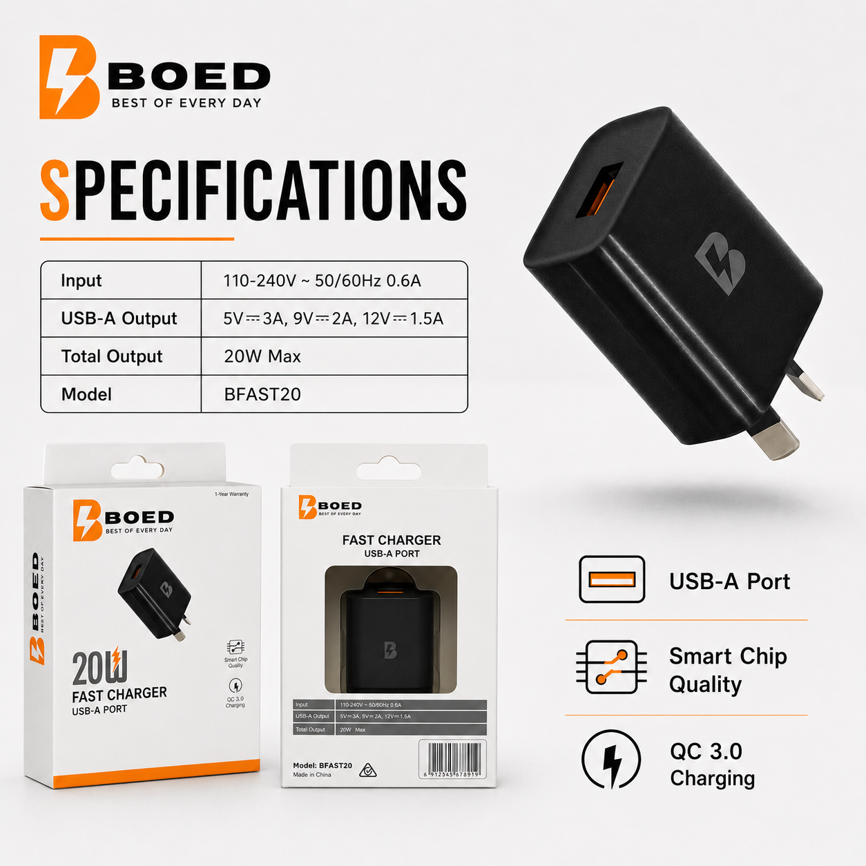 BOED 20W Fast Charger USB-A Port