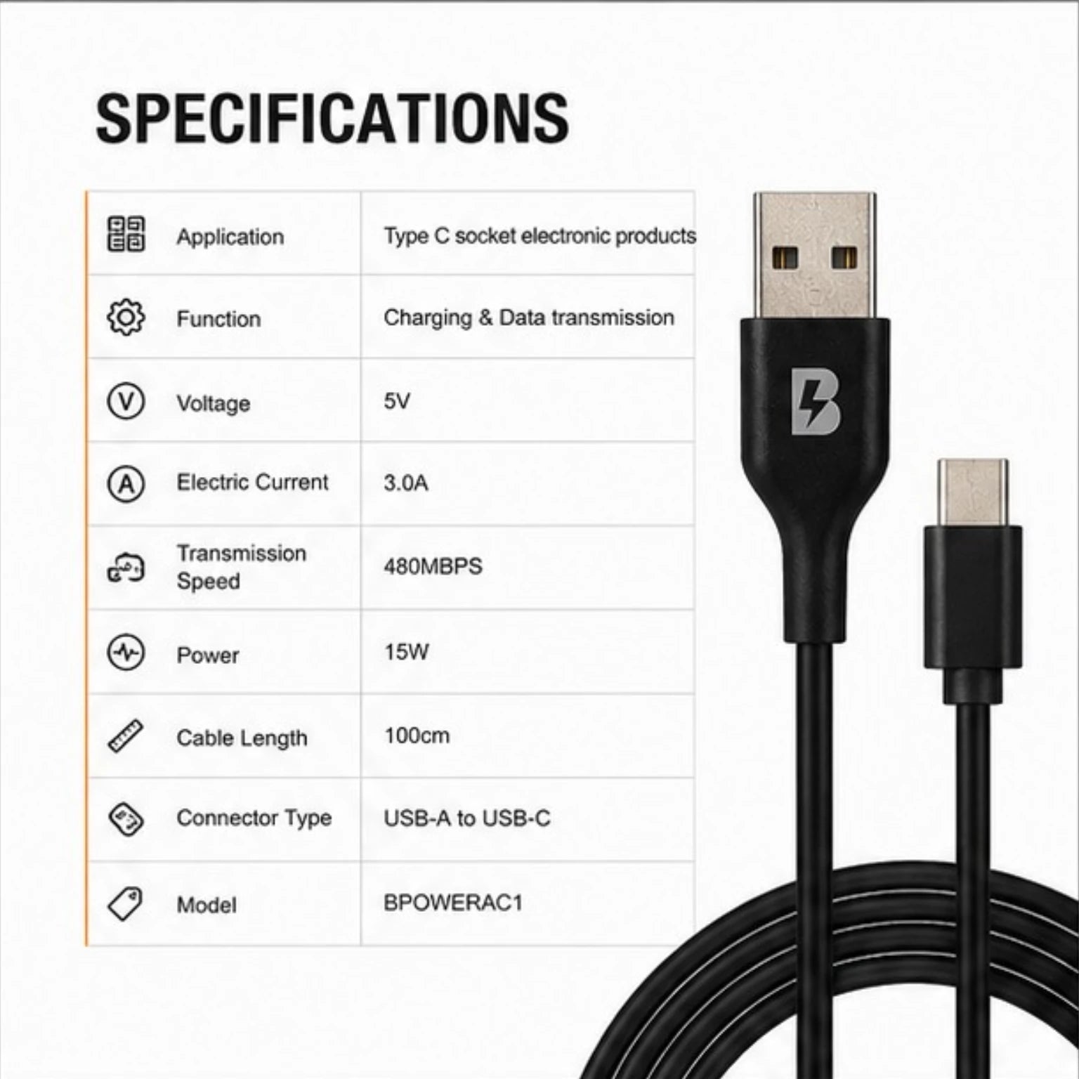 BOED USB-A to USB-C Fast Charging Cable 100cm