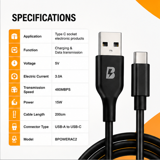 BOED USB-A to USB-C Fast Charging Cable 200cm