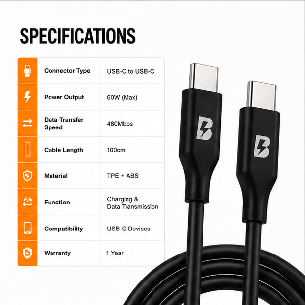 BOED USB-C to USB-C Fast Charging Cable 100cm