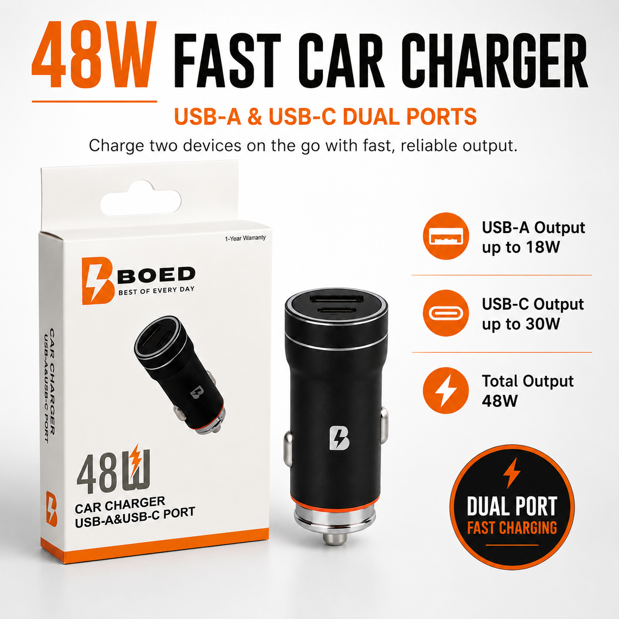 BOED 48W Dual Port Fast Car Charger USB-A & USB-C